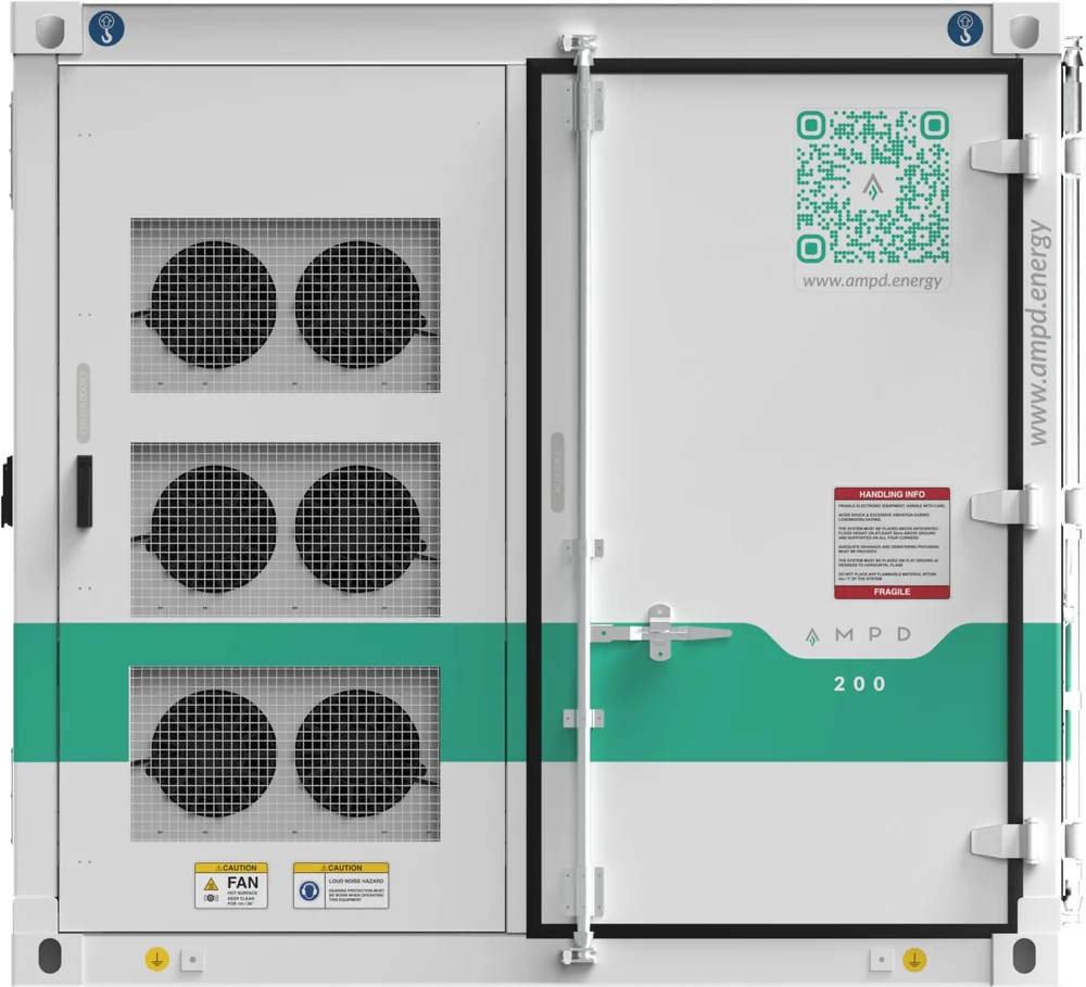 AMPD 200 battery energy storage system, end view showing cooling fans and the access door.