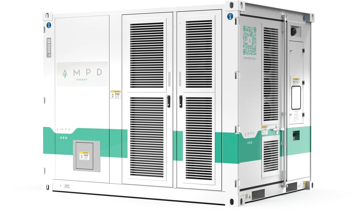 AMPD 400 battery energy storage system: a white containerised unit with a green band, louvred doors and lifting points at each corner.